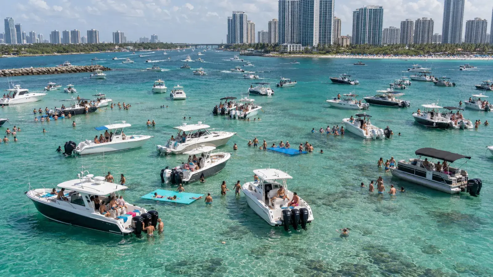 Yachts anchored at the Haulover Sandbar in Miami, guests swimming in shallow turquoise water