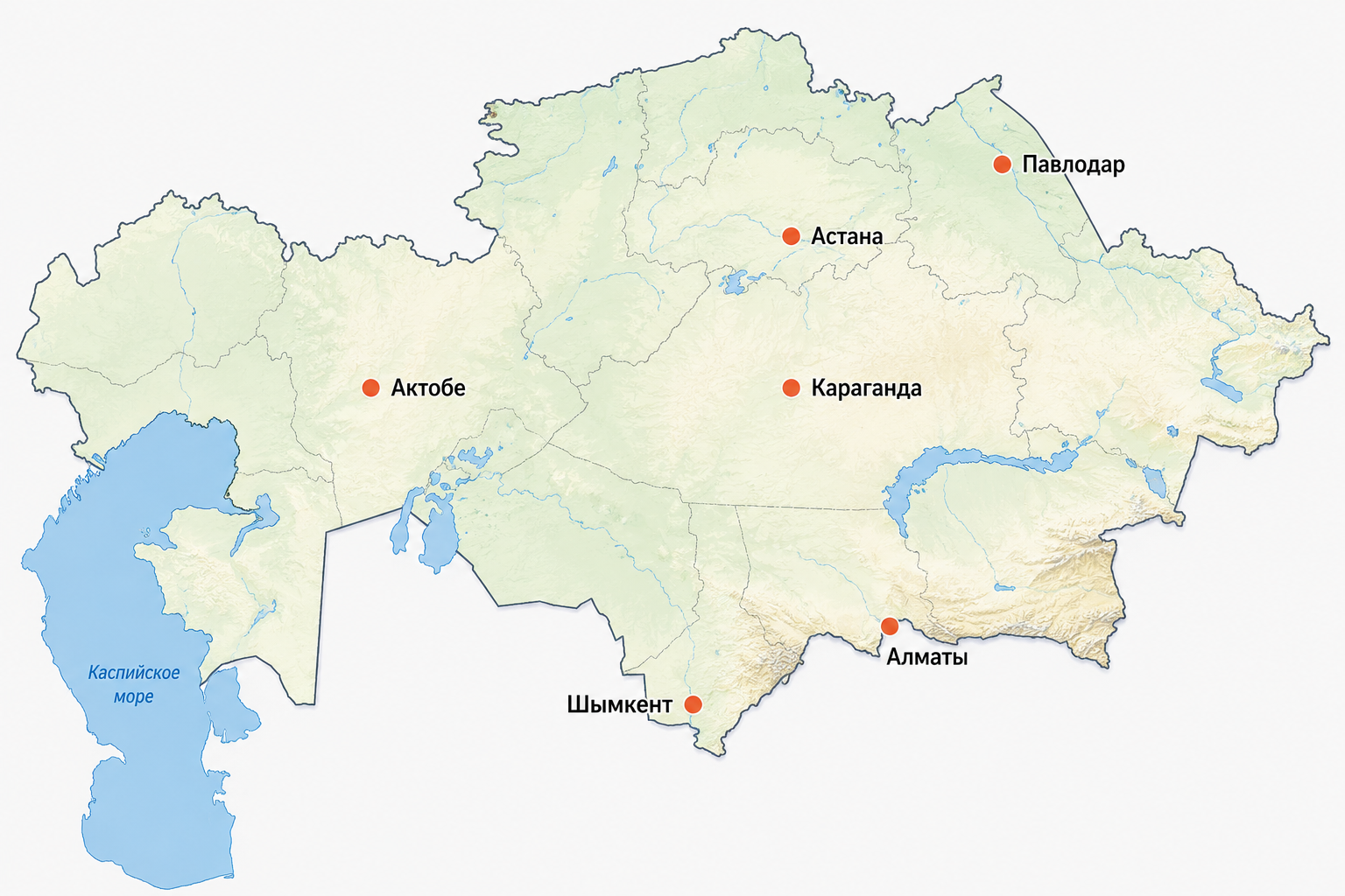 Карта присутствия — Астана, Алматы, Шымкент, Караганда, Павлодар, Актобе